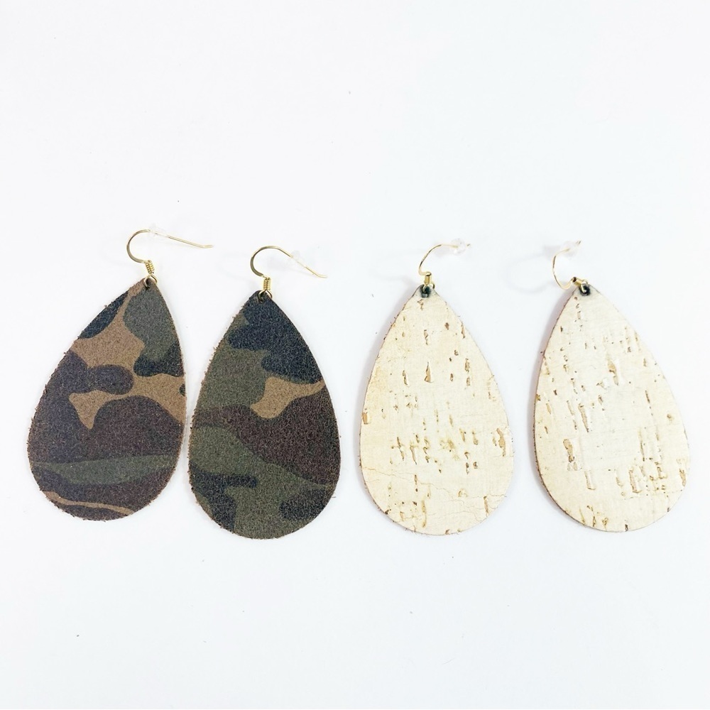 Nickel & Suede Leather Teardrop Dangle Earrings Bundle Of Two Cork & Camo